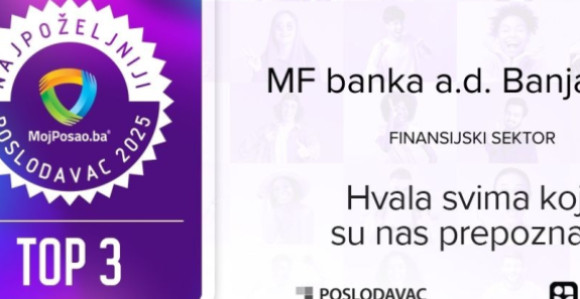 Veliki uspjeh domaće banke: MF banka među TOP 10 u BiH