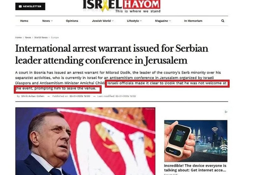 Израелске новине блиске властима тврде: Додику речено да није добродошао и да напусти конференцију