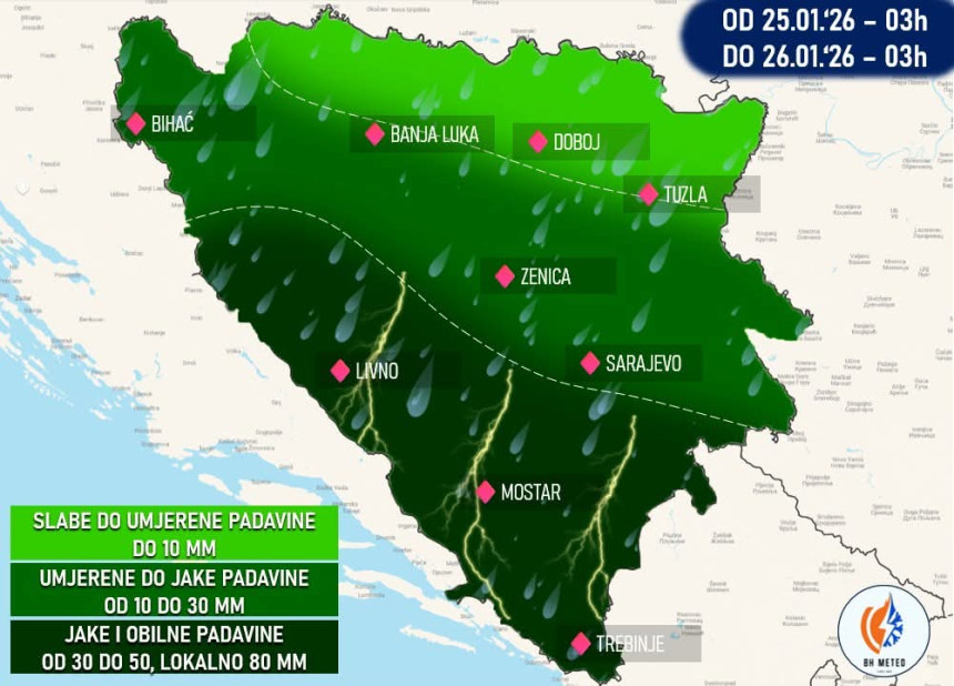 Od nedjelje jake padavine širom BiH, moguće poplave